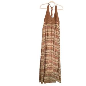 Bohemian Brown Maxi Dress-Crocheted Halter-Size Large-Front Drawstring